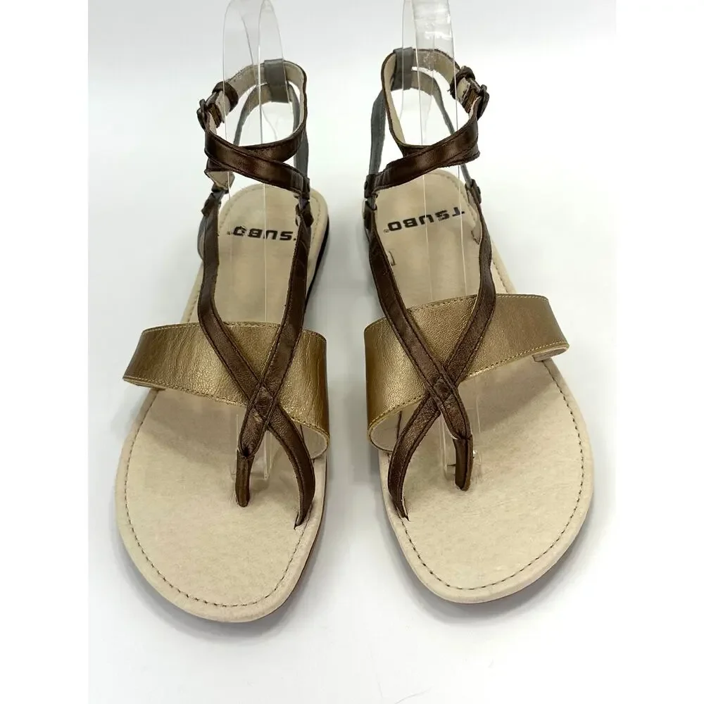 Tsubo Brenleigh Strappy Flat Sandal Size 7.5/38.5 Bronze/Gold/Silver Leather New